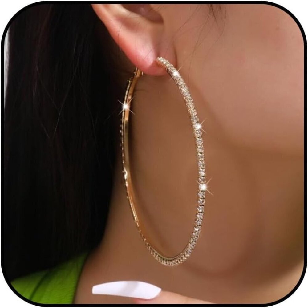 Rhinestone Hoop Earrings Women Large Gold Dazzling Sparkly Prom Wedding Jewelry